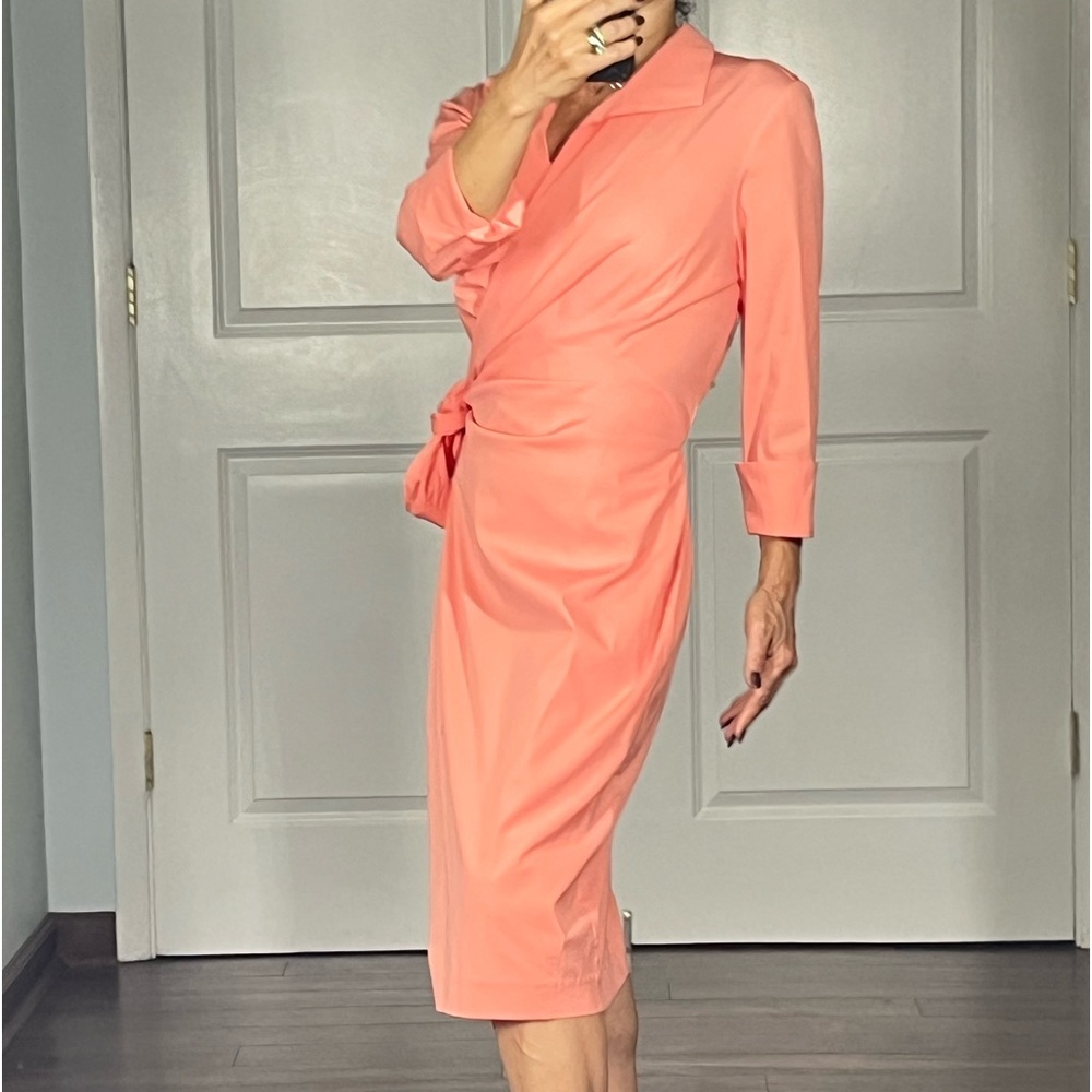 Lafayette 148 New York Reva cotton stretchy wrap shirt dress in coral - Picture 3 of 12